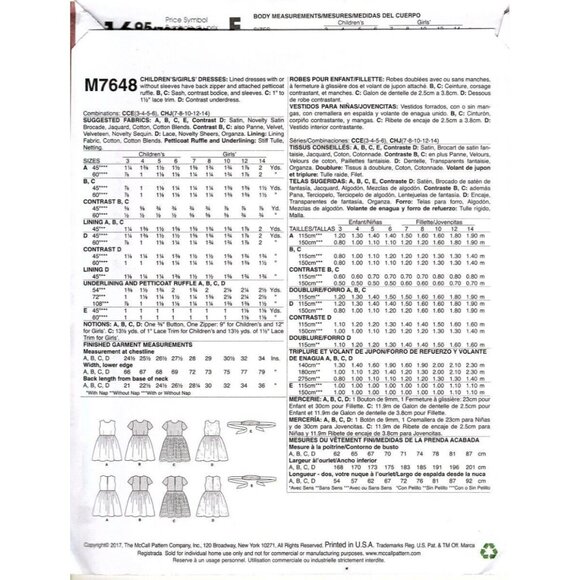 McCall's M7648 Girls 3 to 6 Special Occasion Dresses Uncut Sewing Pattern - Picture 2 of 2